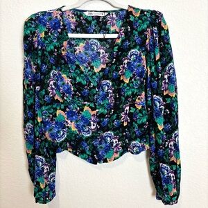 Zara Black Moody Floral Long Sleeve Crop Top Women’s Medium Romantic Boho